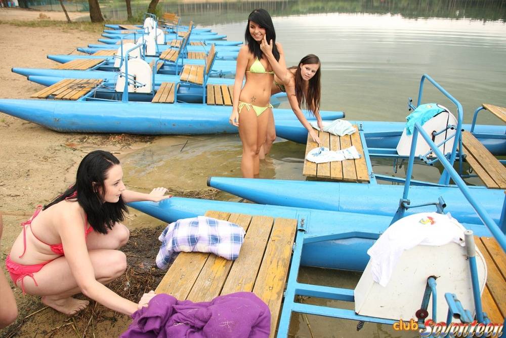 A group of young girls have lesbian sex on a pontoon paddle boat - #3