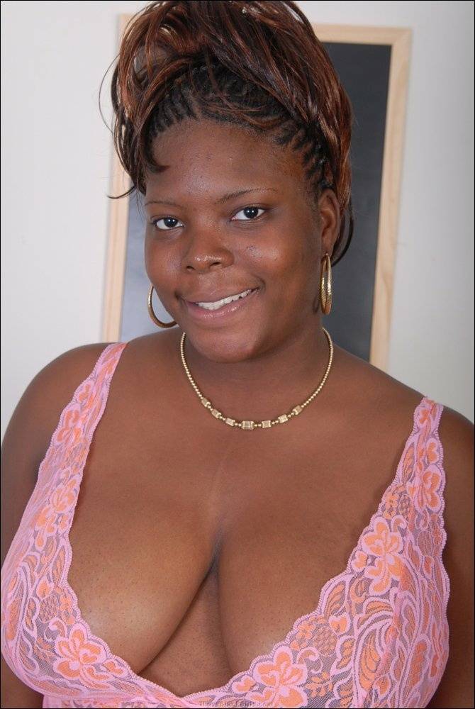 Black BBW releases large natural tits as she removes pink lingerie - #11