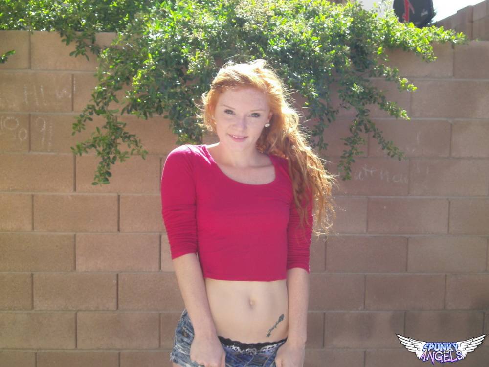 Hot redhead Alex Tanner flashes her tiny tits outdoors and drops her shorts - #2