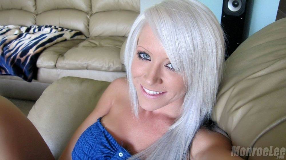 White haired slut Monroe Lee takes a selfie of her big tits and naked twat - #6