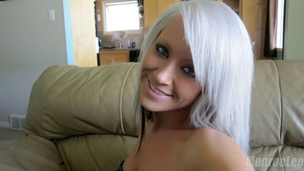 White haired slut Monroe Lee takes a selfie of her big tits and naked twat - #4