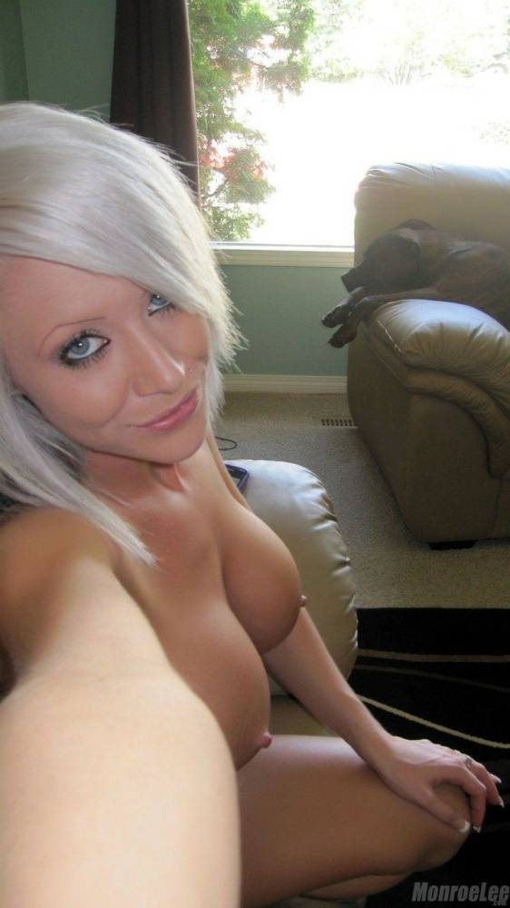 White haired slut Monroe Lee takes a selfie of her big tits and naked twat - #12