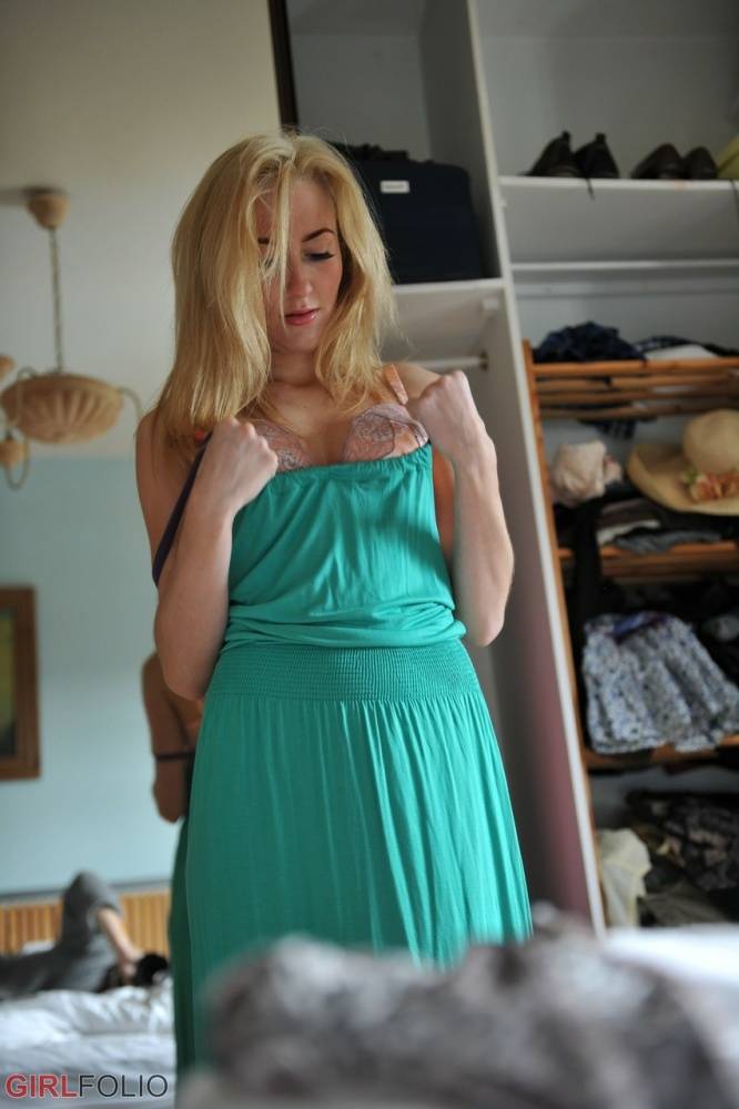 Blonde girl Sophia Smith tries on various items of lingerie in her bedroom - #5