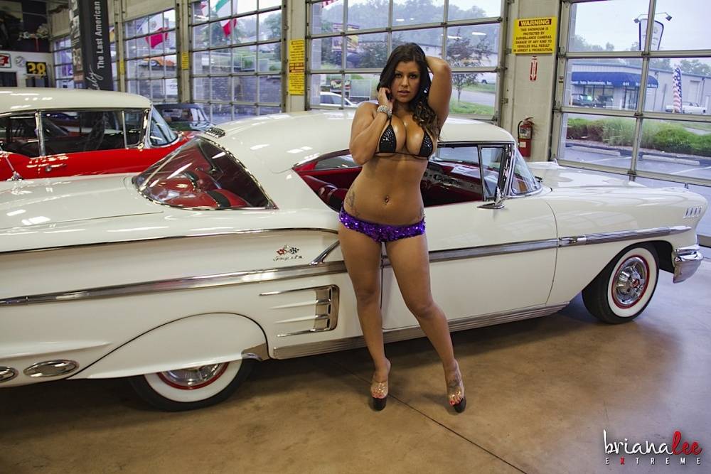 Solo girl Briana Lee removes her bikini to get naked inside a classic car - #2