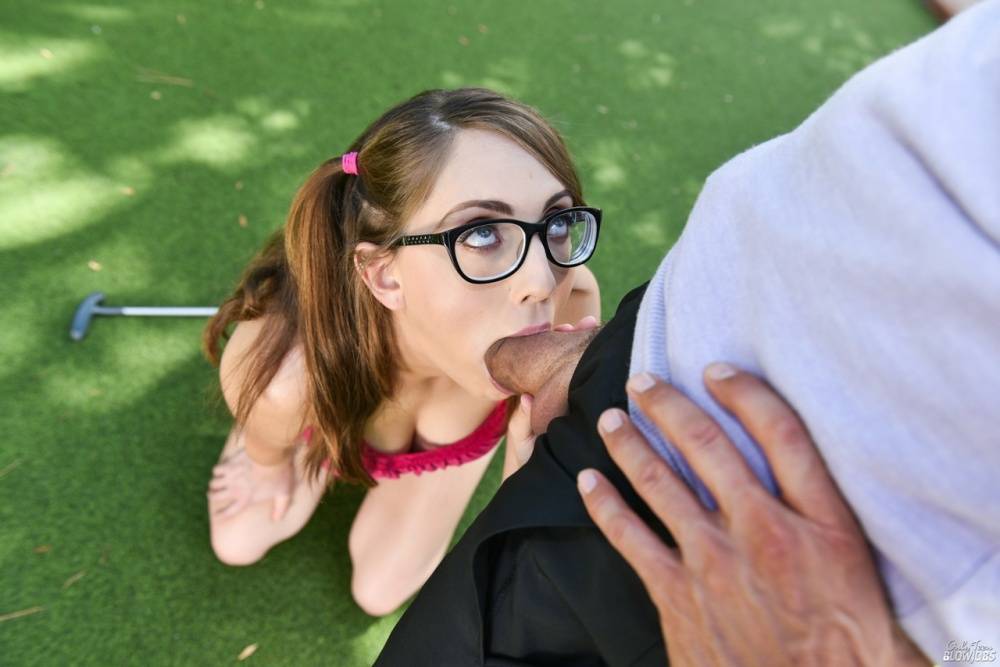 Nerdy teen Nickey Hunstman sucks on her golf tutor's big dick in glasses - #8