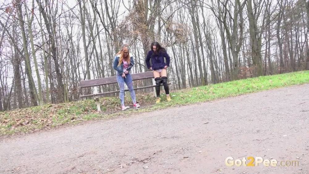 Best friends Esperansa & Chrissy Fox squat to pee near a bench in a park - #8