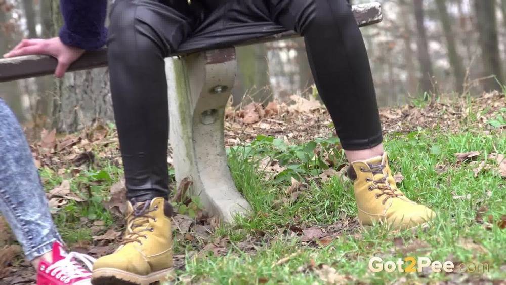 Best friends Esperansa & Chrissy Fox squat to pee near a bench in a park - #15