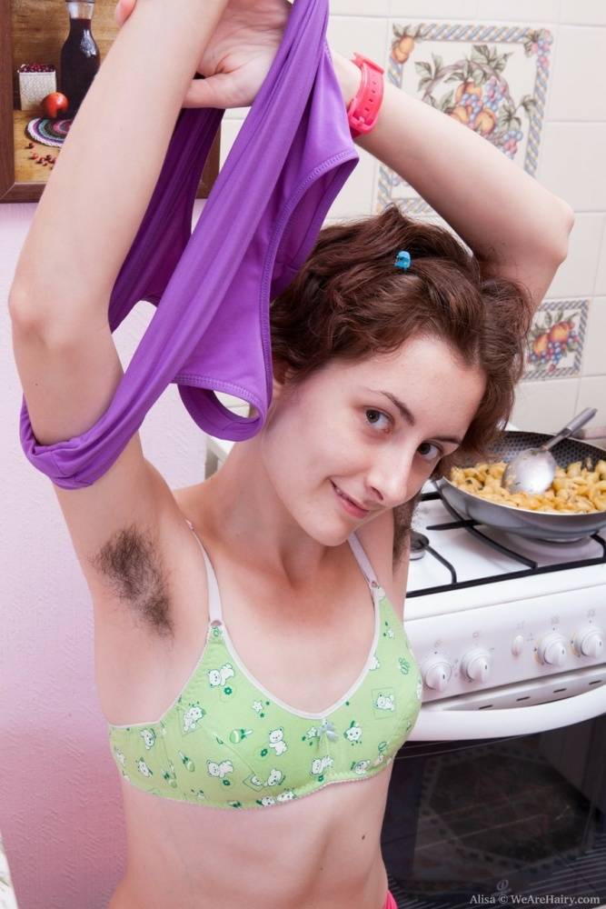 Hairy girl Alisa shows her unshaven armpits and natural pussy in the kitchen - #10