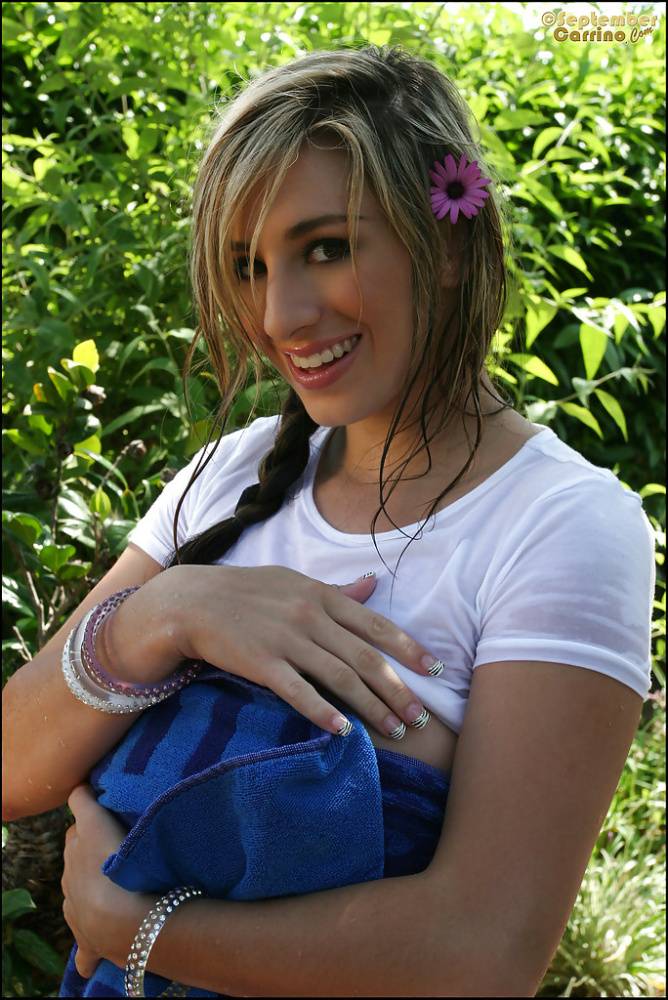 Busty girl with pigtails September Carrino fondling her tits outdoor - #6