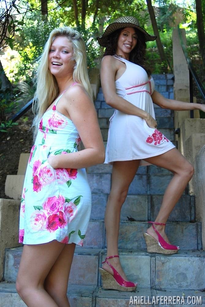 Lesbians Jessie Andrews & Ariella Ferrera hike up their dresses and bare butts - #5