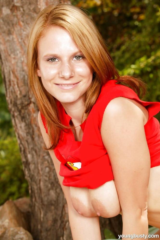 Redhead solo girl Lilian A unveiling big teen tits outdoors in forest - #16