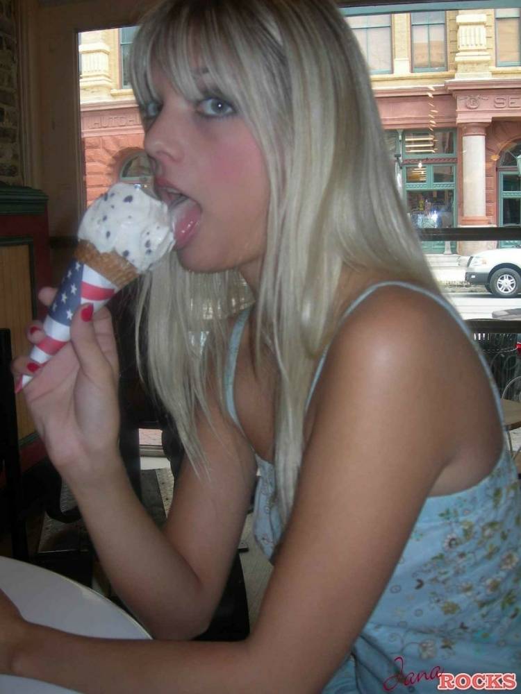 Blonde teen Jana Jordan licks an ice cream cone before straddling a toy horse - #10
