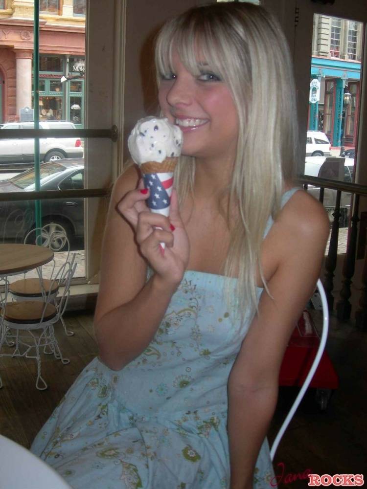 Blonde teen Jana Jordan licks an ice cream cone before straddling a toy horse - #7