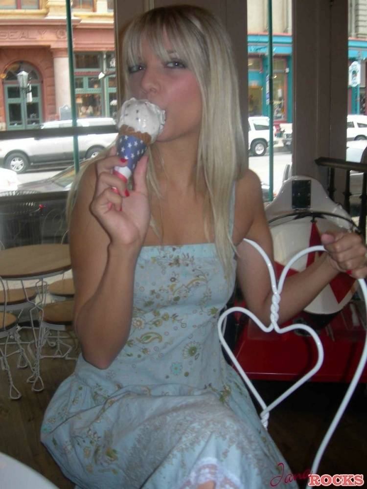 Blonde teen Jana Jordan licks an ice cream cone before straddling a toy horse - #8