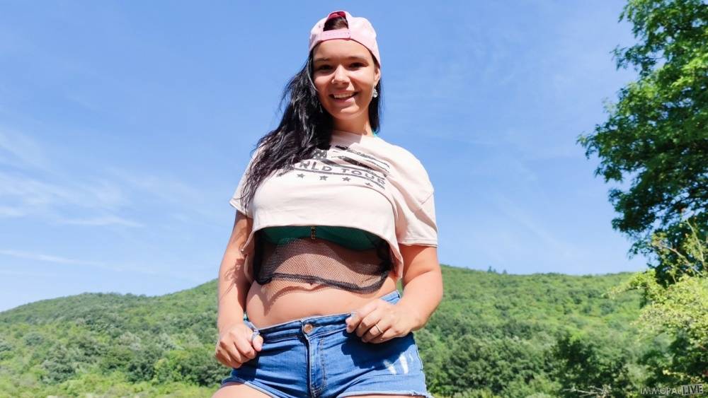 Chubby teen Sofia Lee frees her big natural tits from a bikini in the outdoors - #2