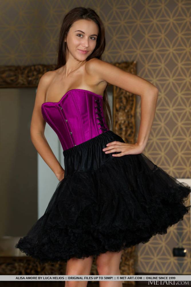 Brunette teen Alisa Amore doffs a corset and tutu skirt to model totally naked - #6