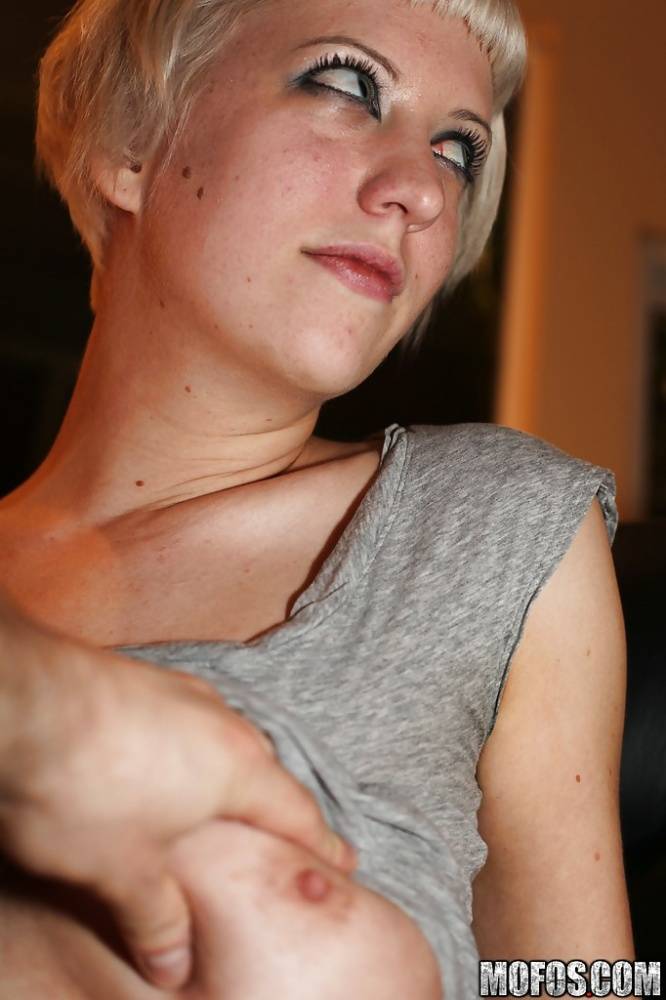 Short-haired blonde Cherry Torn revealing her big tits and shaved slit - #16