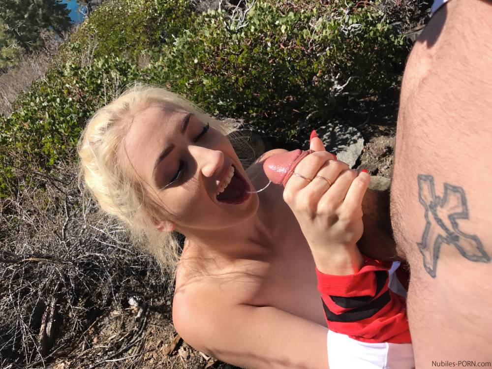 Blonde amateur Sierra Nicole gets cum on her face during a BJ in the woods - #4