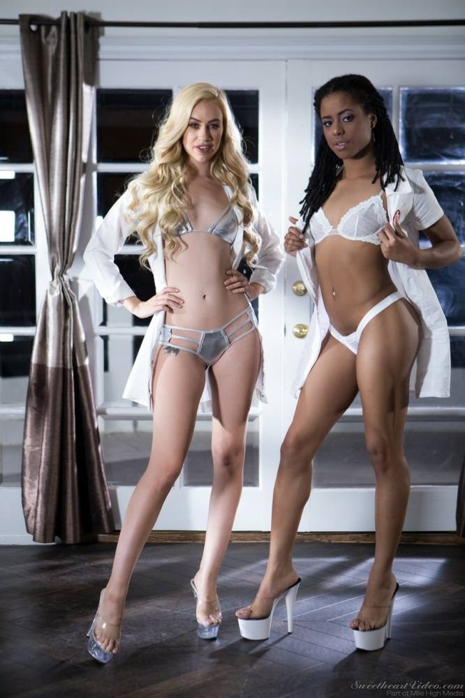 Interracial lesbians Lyra Law & Kira Noir show their sexy asses in thongs - #12