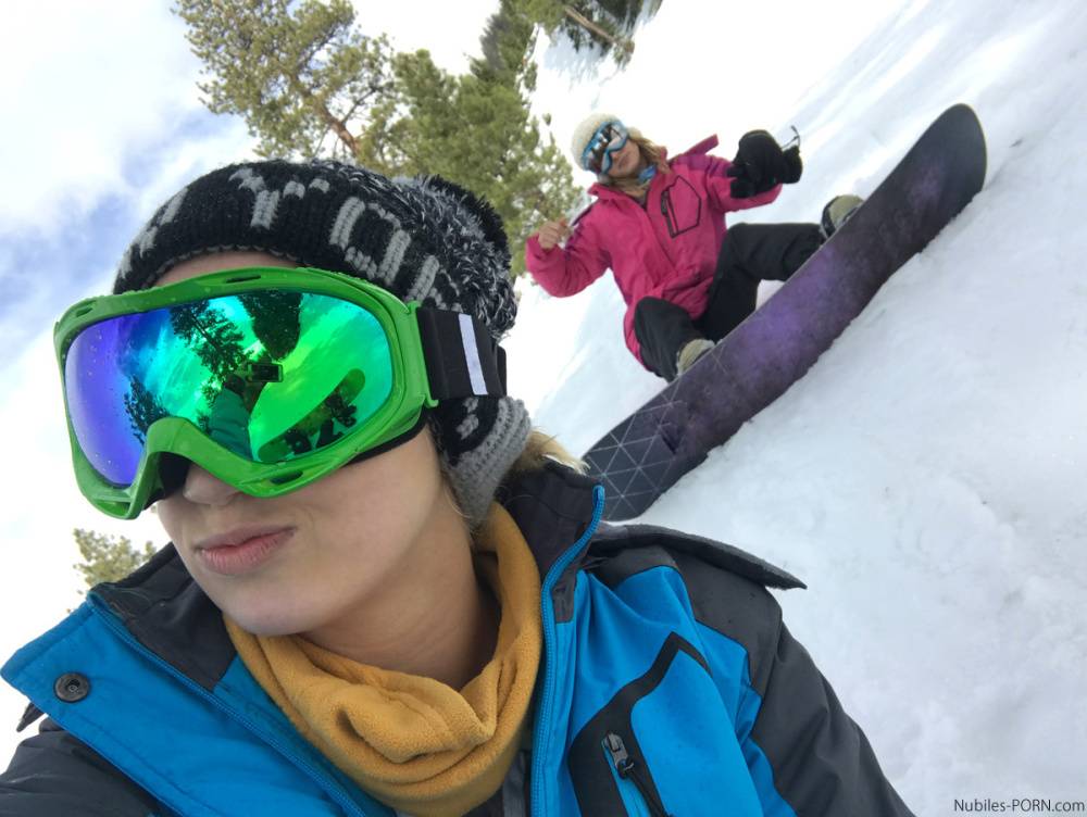 Clothed teens Kristen Scott & Sierra Nicole don ski masks while snowboarding - #8
