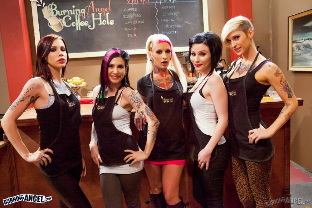 Fully clothed punk girls with lots of tattoos get drunk at a bar - #10
