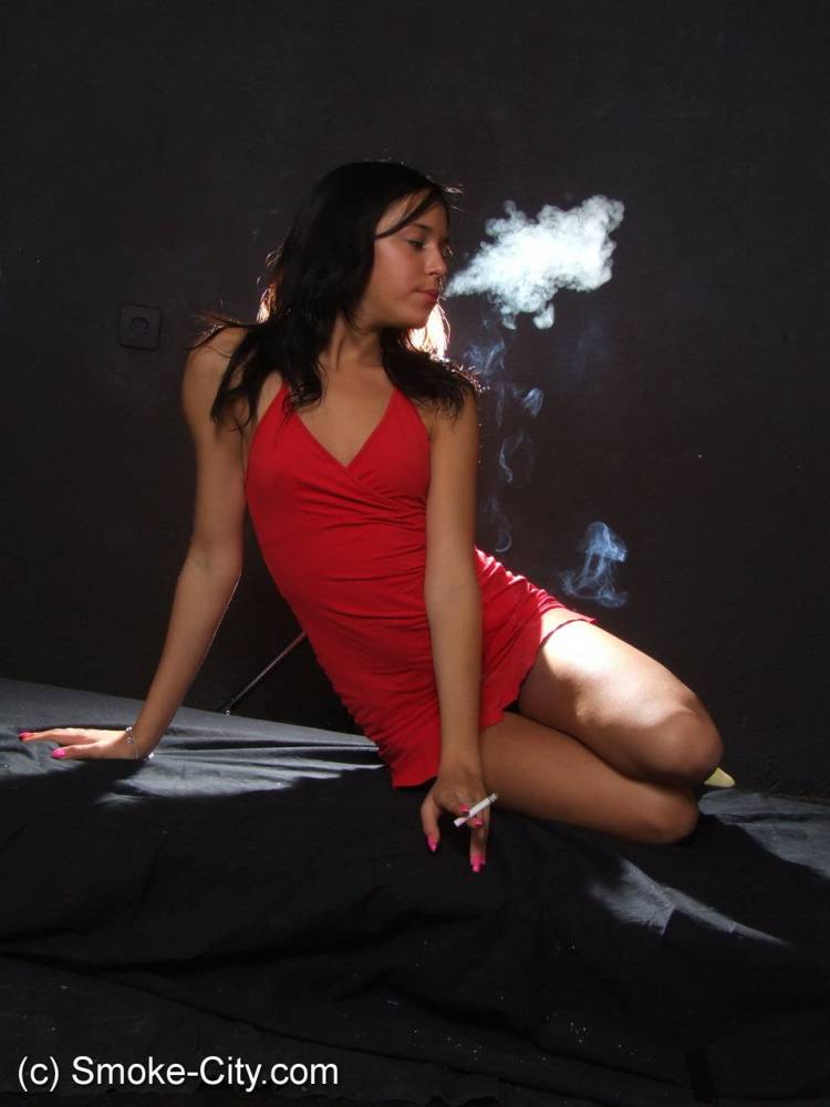 Young brunette shows her sleek legs while smoking in a red dress - #3