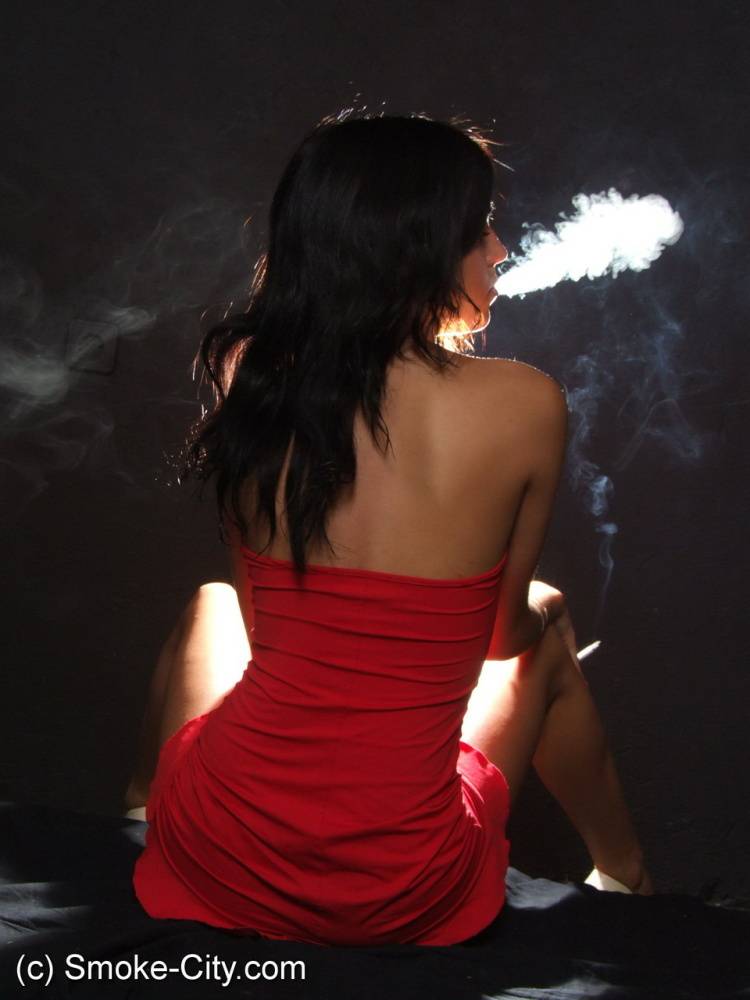 Young brunette shows her sleek legs while smoking in a red dress - #1