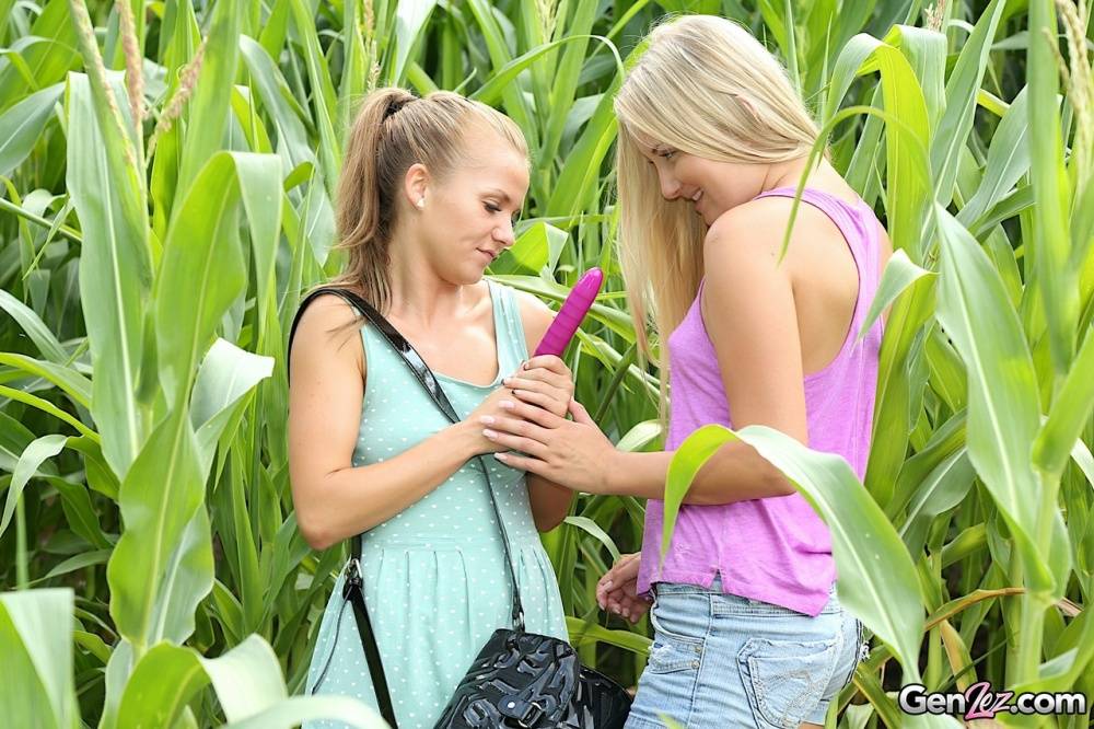 Blonde lesbians Bella Bab & Cayla Lyons have sex in a cornfield - #10