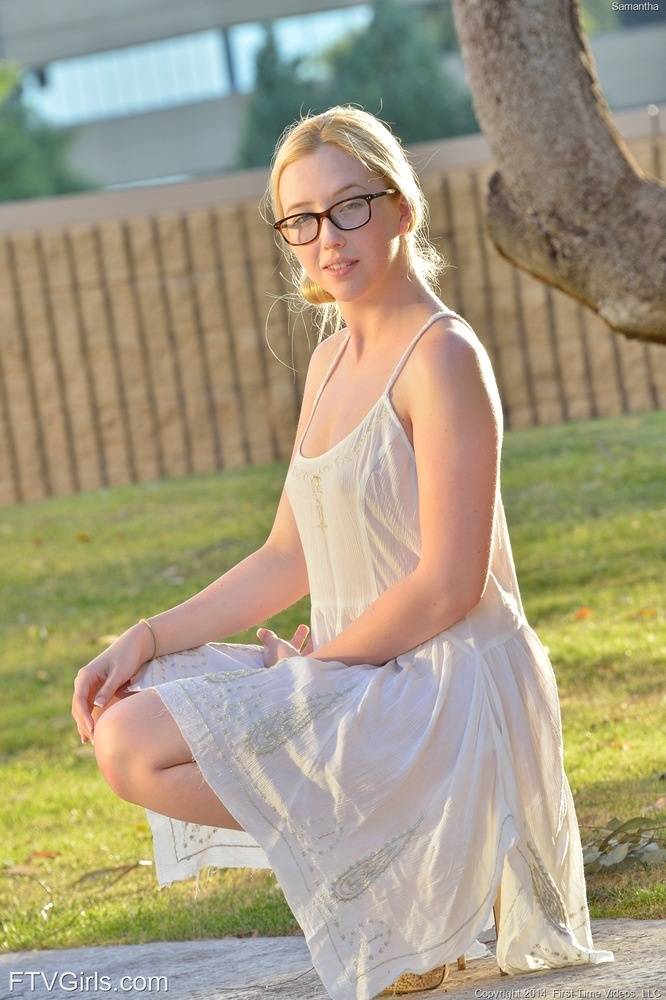 Sweet doll in glasses give a look at her hot pussy with dildo in the park - #11