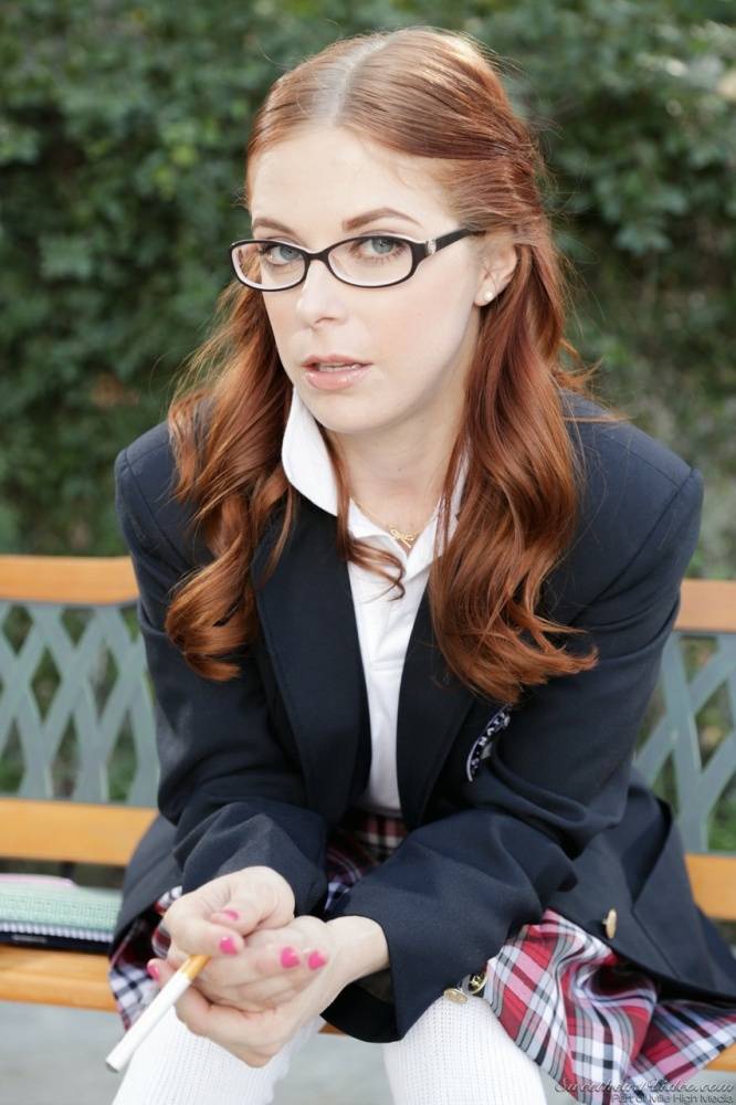 Sexy Penny Pax in glasses & socks sheds schoolgirl skirt to bare hairy twat - #13