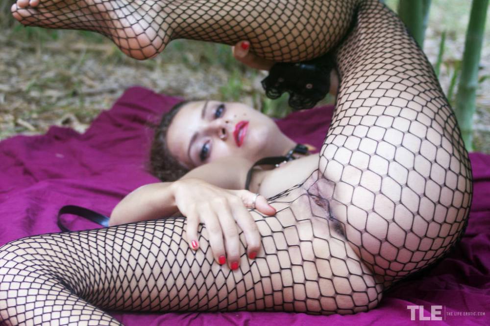 Teen model Jacinta B doffs a catwoman mask while topless in fishnet pantyhose - #8
