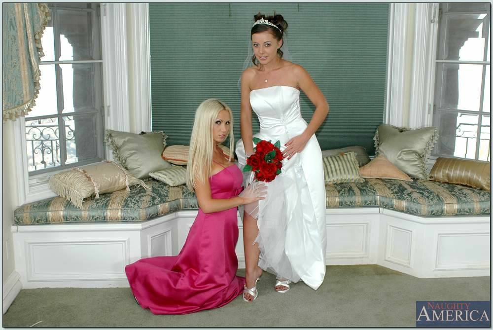 Busty blonde Nikki Benz helping Penny Flame to try on wedding dress - #11