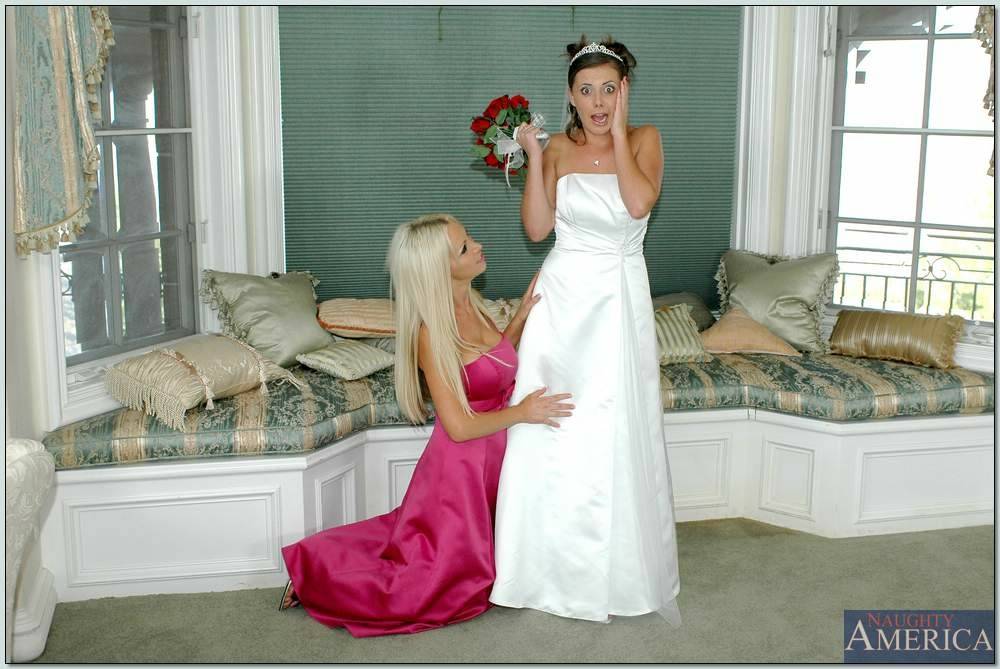 Busty blonde Nikki Benz helping Penny Flame to try on wedding dress - #15