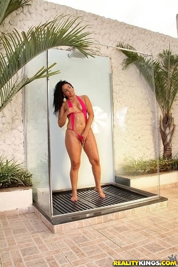 Latina slut Monique Carvalho taking shower and teasing her gash outdoor - #2