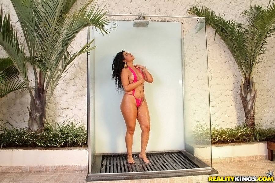 Latina slut Monique Carvalho taking shower and teasing her gash outdoor - #16