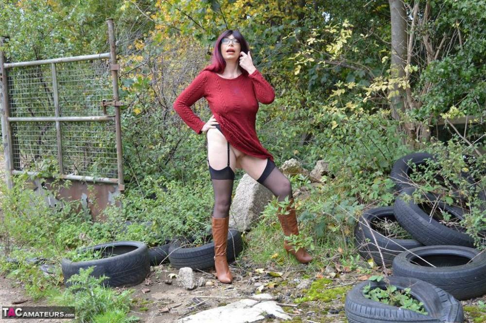 Horny mature Barby spreads ass in stockings & boots in naked outdoor upskirt - #9
