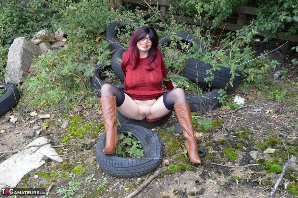 Horny mature Barby spreads ass in stockings & boots in naked outdoor upskirt - #13