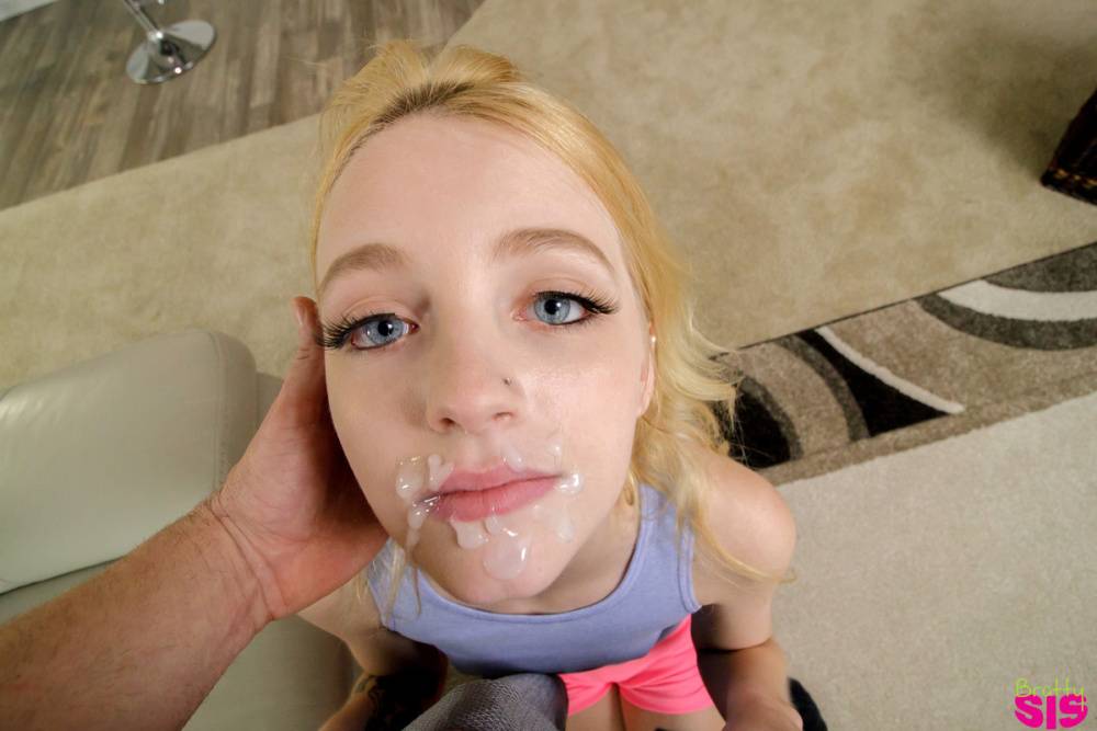 Tiny blonde teen Kate Bloom wears cum on her face and pussy after POV action - #16