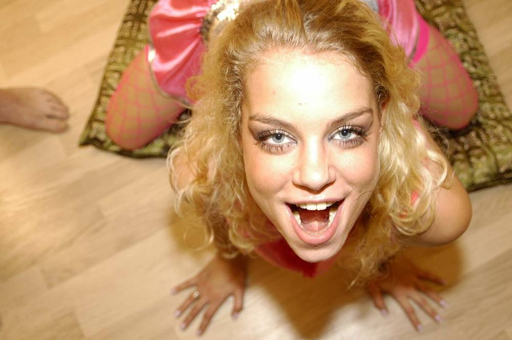 Blonde slut Angelz Silky swallows cum while sucking cocks during a gangbang - #4