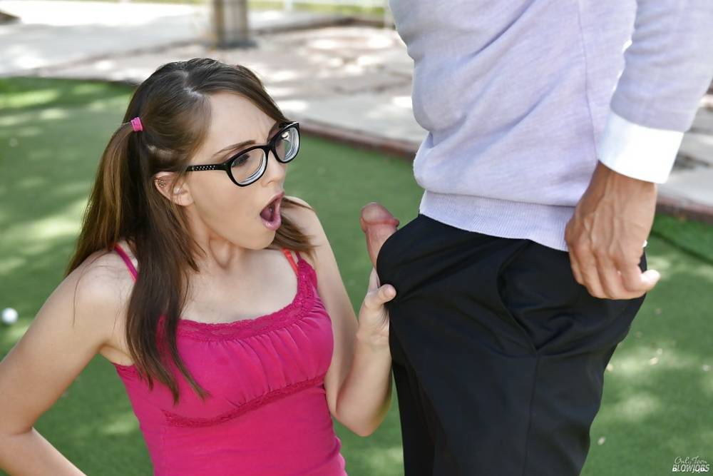 Nerdy young girl Nickey Hunstman giving ball licking BJ on knees in glasses - #16