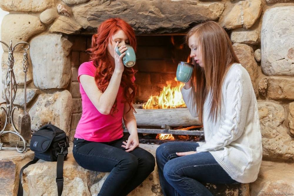 Lesbian girls Elle Alexandra & Maddy Oreilly tongue kiss by a fireplace - #3