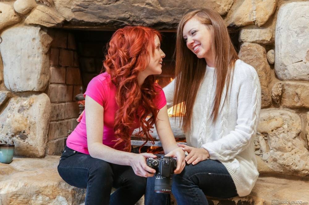 Lesbian girls Elle Alexandra & Maddy Oreilly tongue kiss by a fireplace - #12