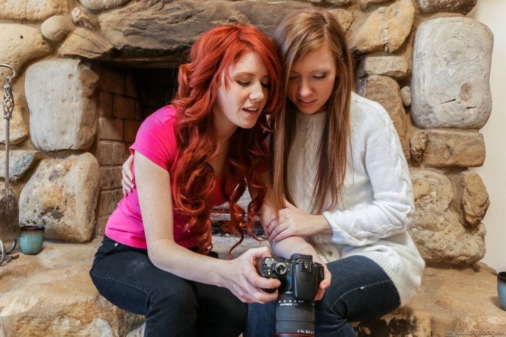 Lesbian girls Elle Alexandra & Maddy Oreilly tongue kiss by a fireplace - #6