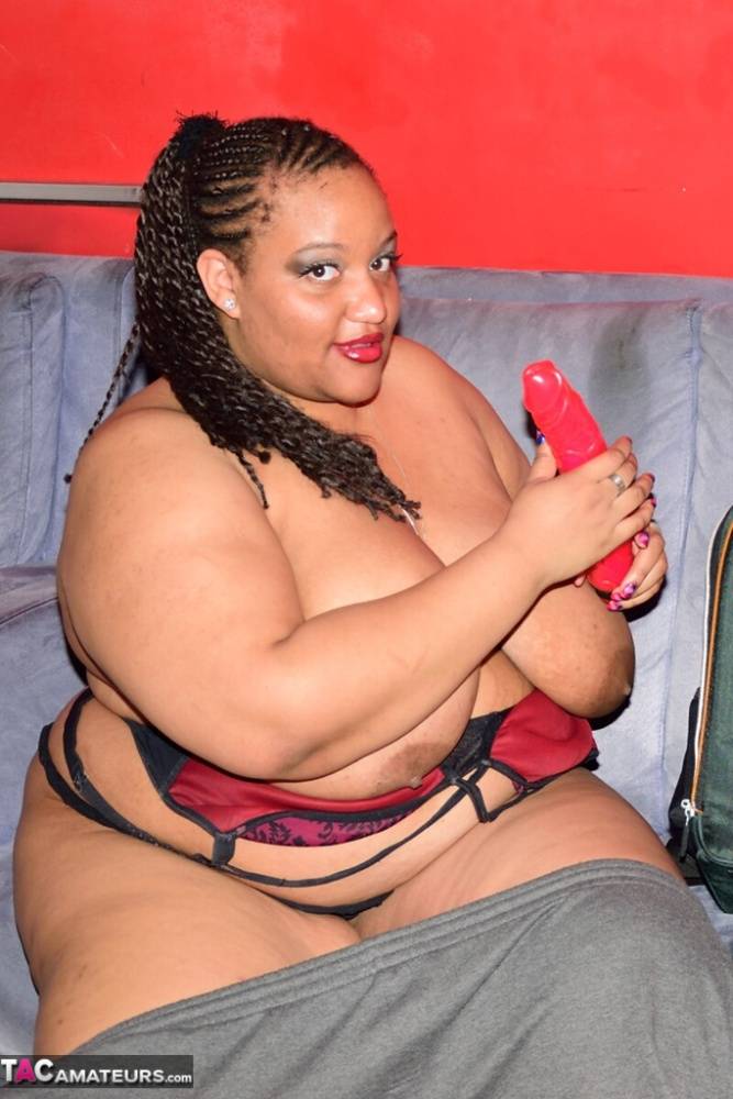 Huge ebony amateur Curvy Bunny B strips down to a thong during solo action - #8