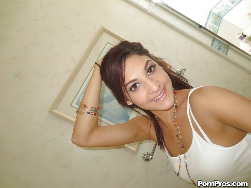 Nasty brunette slut Nikka taking couple of selfies in the bathroom - #11