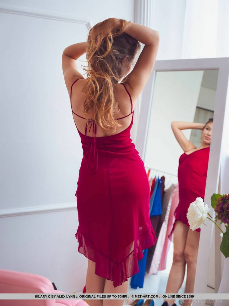 Sweet teen Hilary C slips off a red dress to pose nude in her bedroom - #16