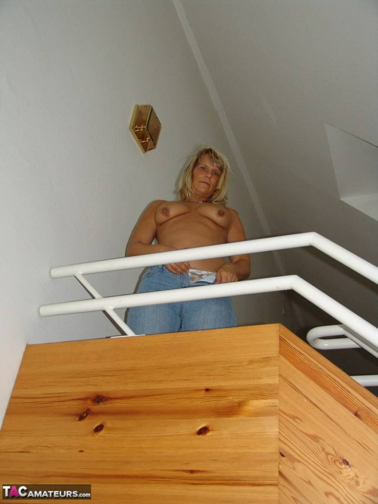 Aged blonde Sweet Susi strips totally naked after climbing a flight of stairs - #7