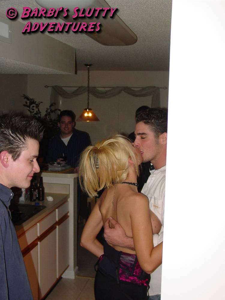 Very slutty blonde MILF Barbi Sinclair dresses as slut and goes to a college groupsex party where she fucked every single guy. - #10