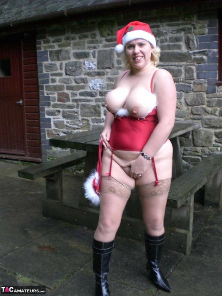 Blonde amateur Barby releases her big tits and butt from Xmas lingerie outside - #7