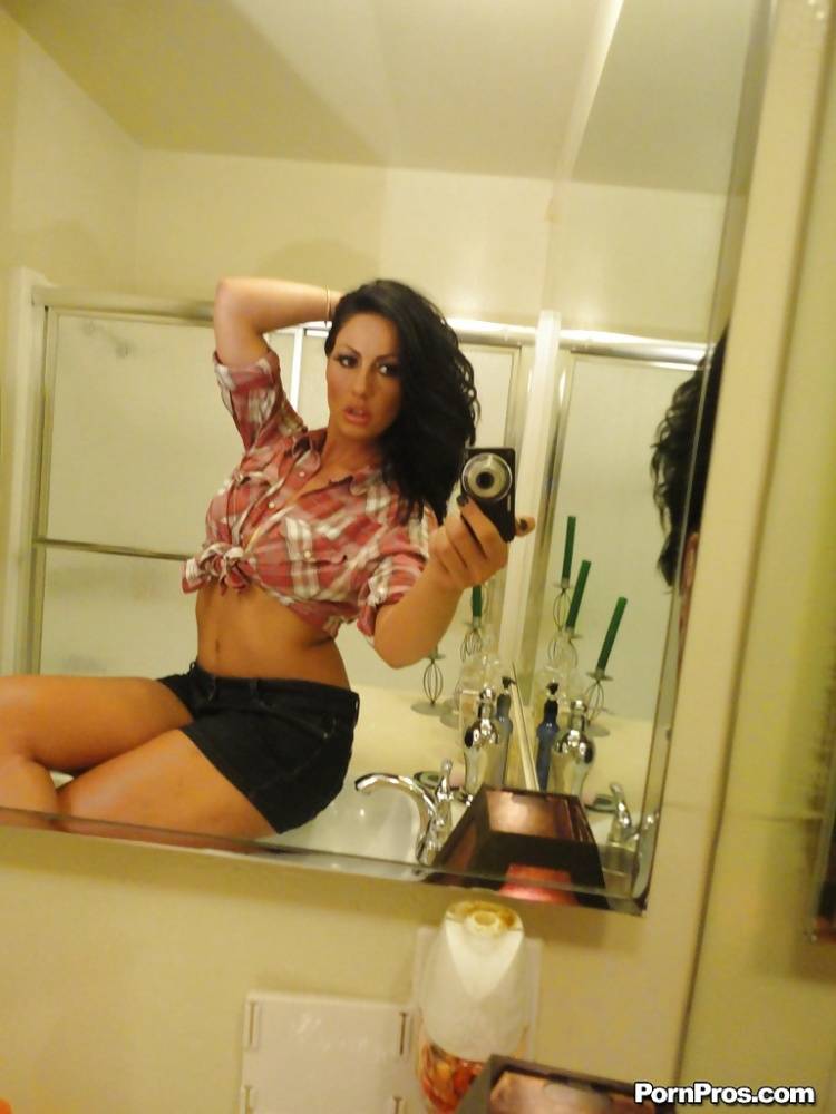 Brunette slut Tiffany Brookes taking mirror self shots while undressing - #3